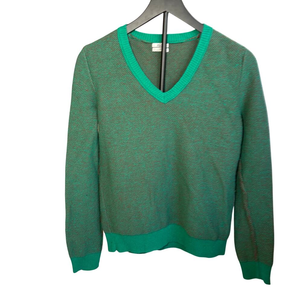 Wallace JCrew women’s green brown v neck sweater. Size M. Wool blend.